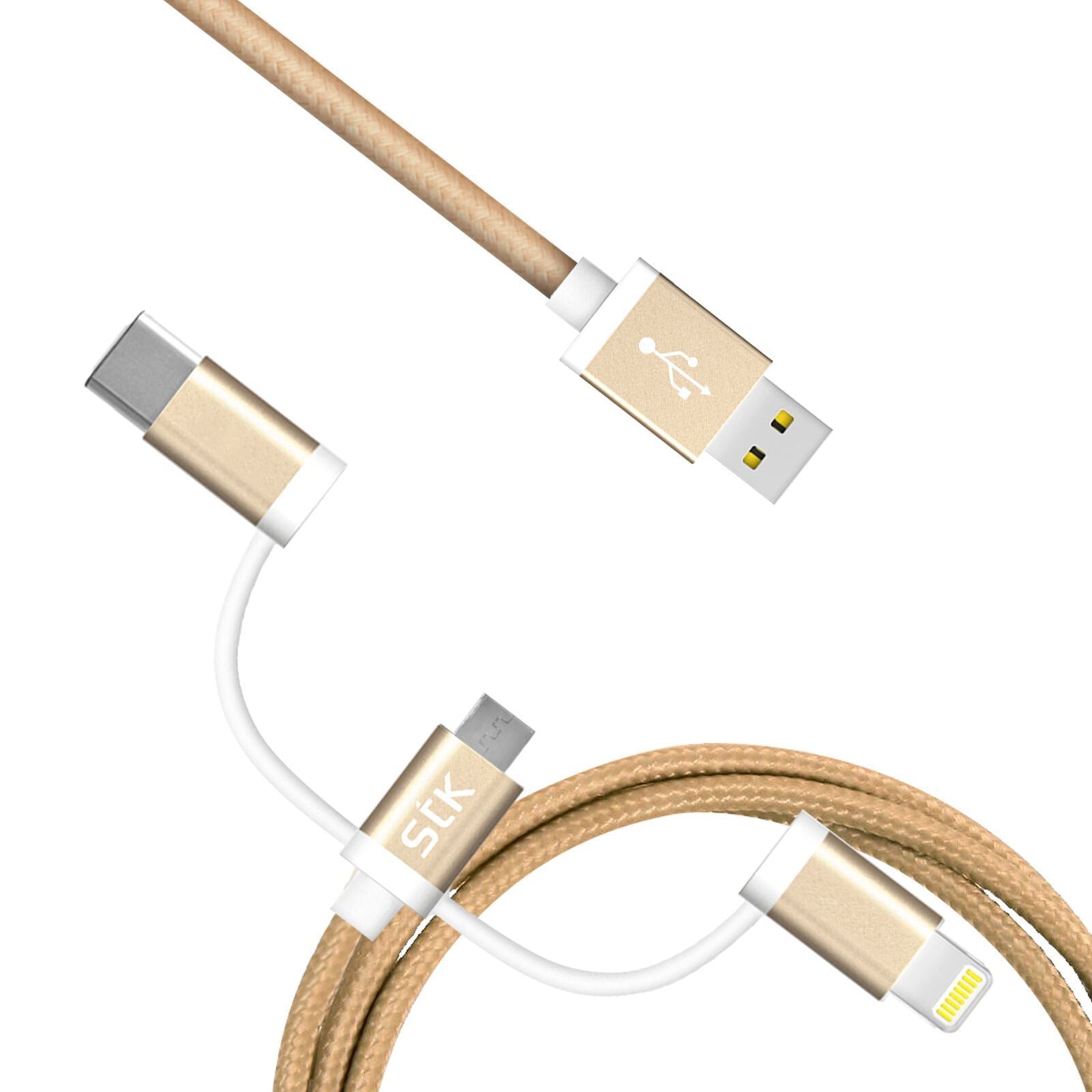 STK Binary 3 Charge & Sync Cable 1 Metre Micro USB Lightning Type C Gold