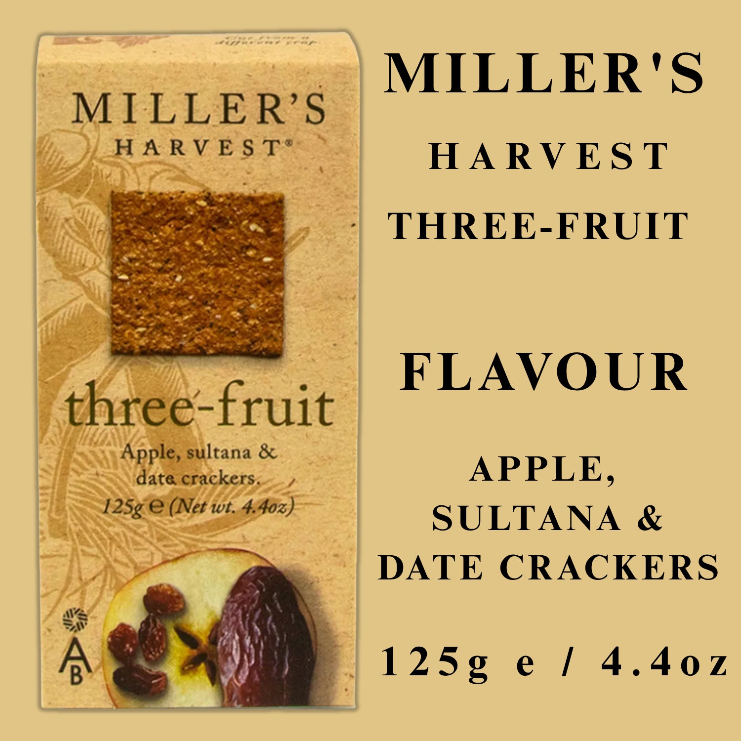 Millers Harvest Three-Fruit Crackers - Apple, Sultana and Date - 125g