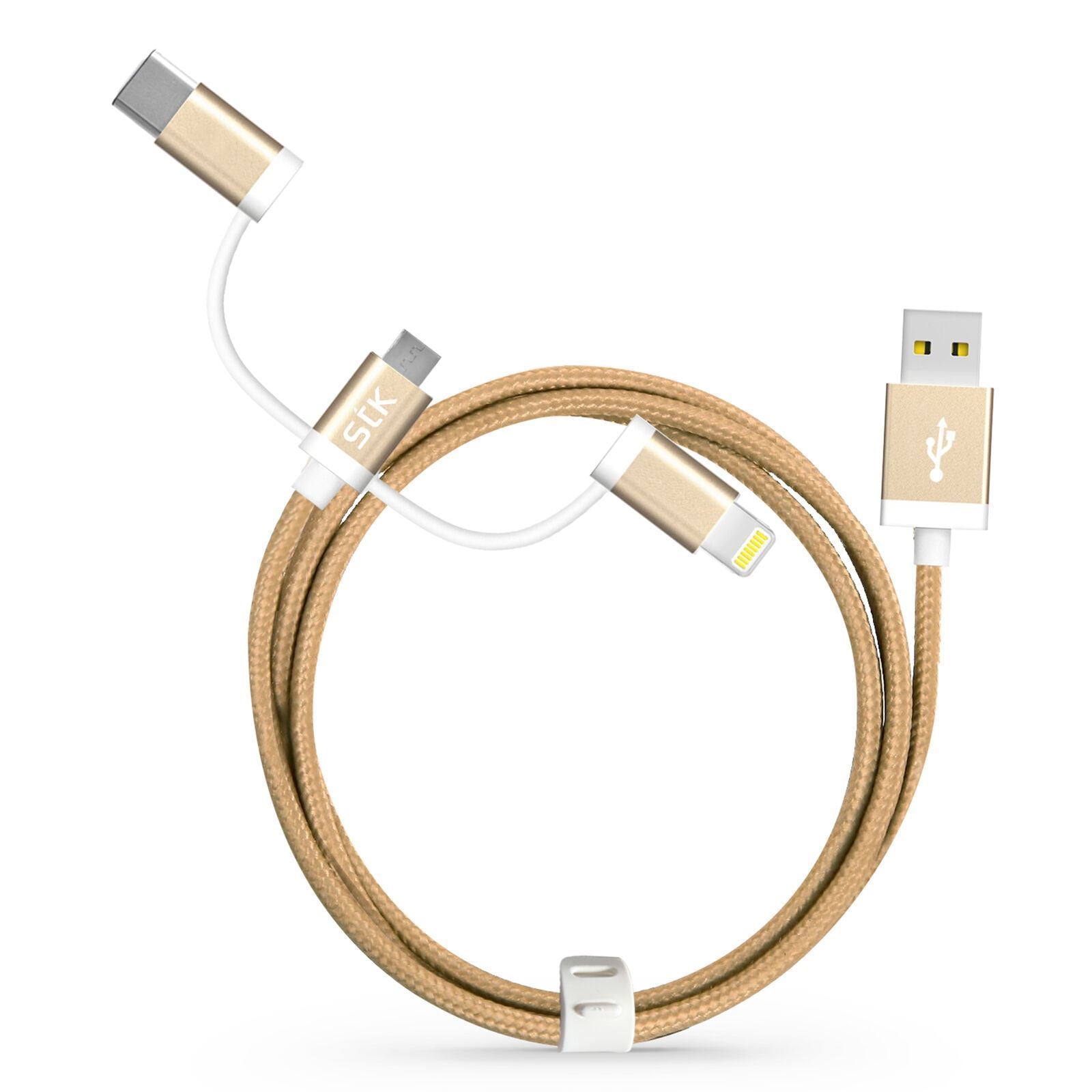 STK Binary 3 Charge & Sync Cable 1 Metre Micro USB Lightning Type C Gold