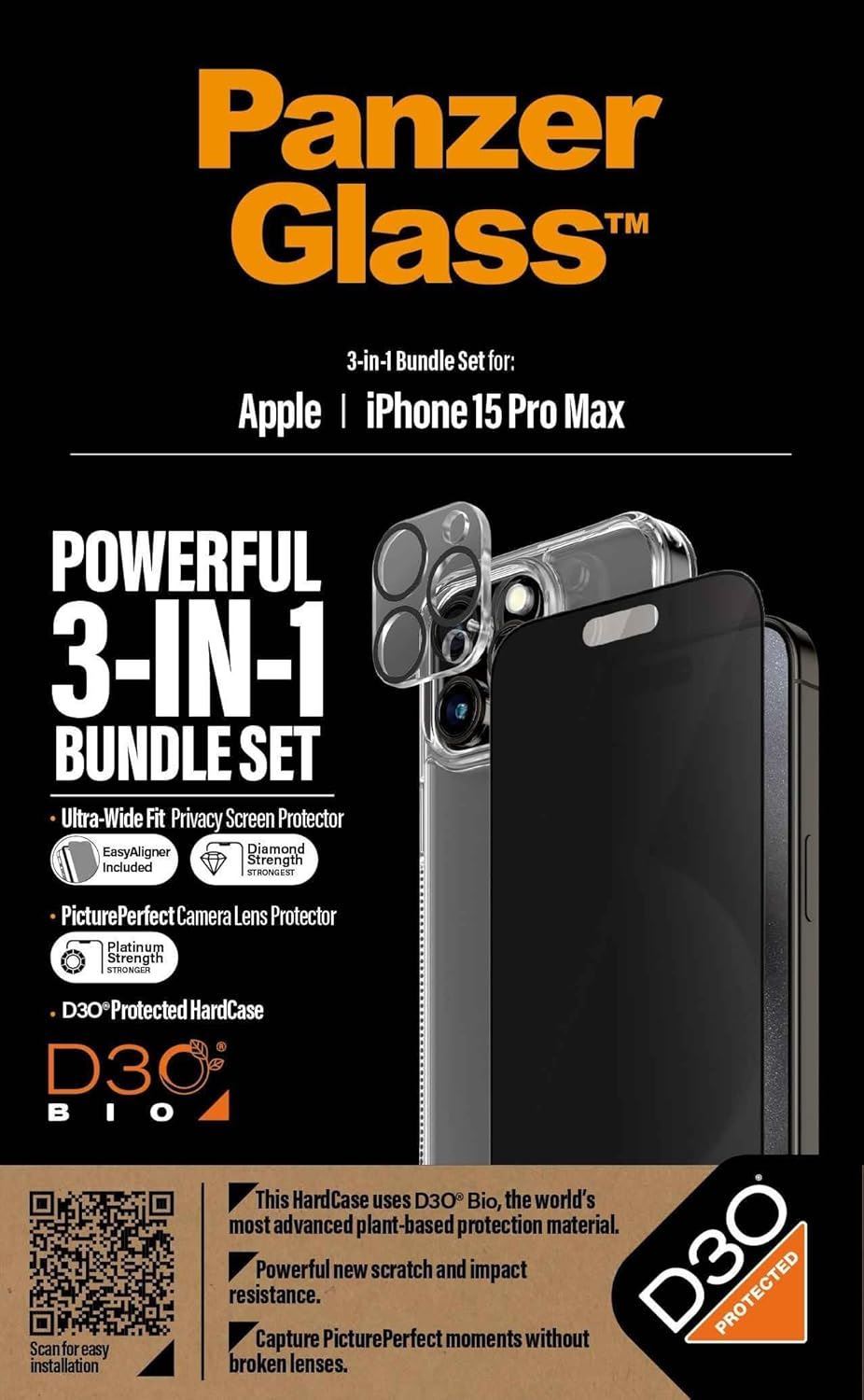 Panzer Glass Privacy Powerful 3 in 1 Bundle Pack for iPhone 15 Pro Max 6.7" - B1175㽯