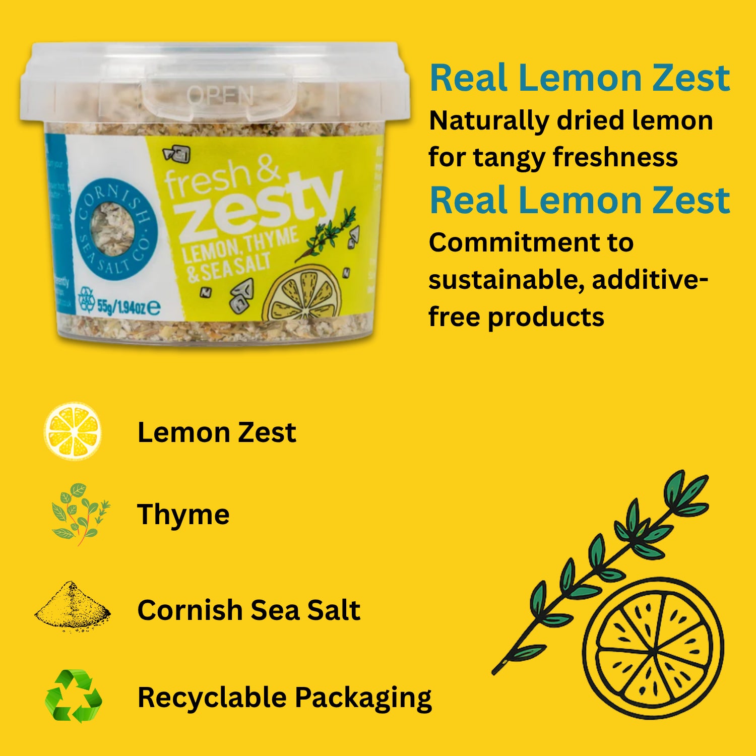 Cornish Fresh & Zesty Lemon Thyme Sea Salt Blend for Cooking & Grilling 55g