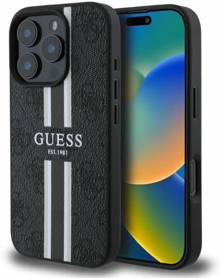 Guess Leather 4G Printed Stripes Hardcase with MagSafe for iphone 16 Pro 6.3 Black - GUHMP16LP4RPSK"