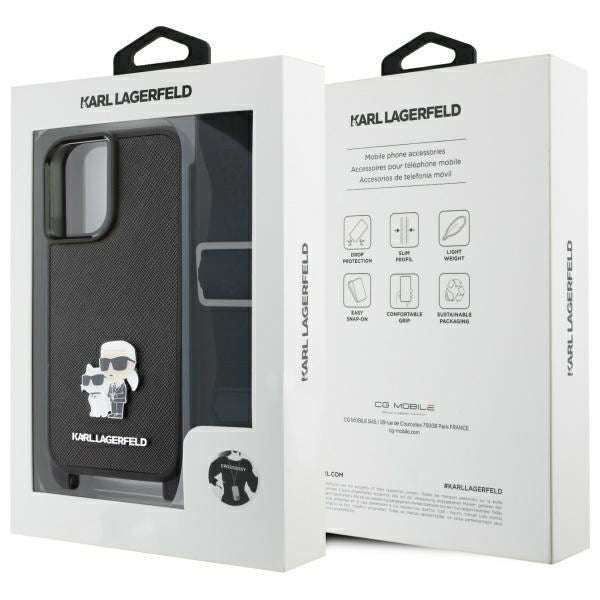 Karl Lagerfeld Saffiano Karl & Choupette Metal Pin Crossbody Strap Case for iPhone 16 6.1" Black - KLHCP16SSAKCPBK
