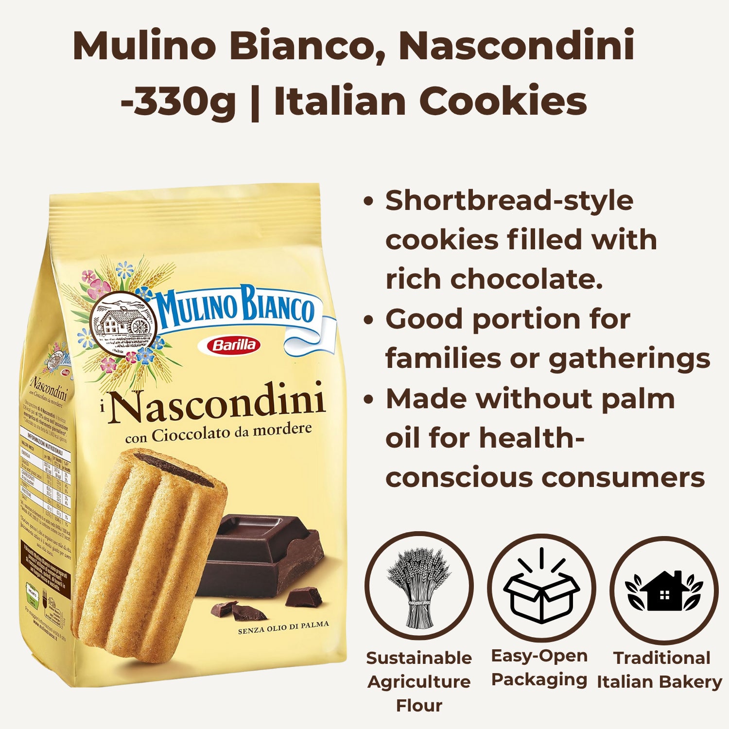 Mulino Bianco Nascondini Chocolate Filled Italian Biscuits Delicious 330g