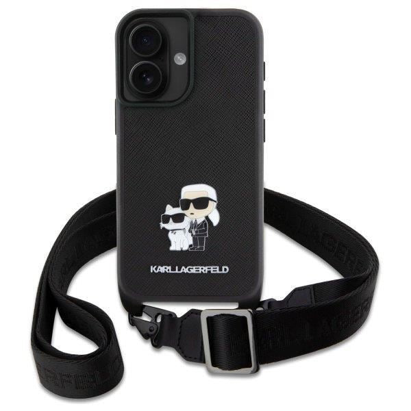 Karl Lagerfeld Saffiano Karl & Choupette Metal Pin Crossbody Strap Case for iPhone 16 6.1" Black - KLHCP16SSAKCPBK
