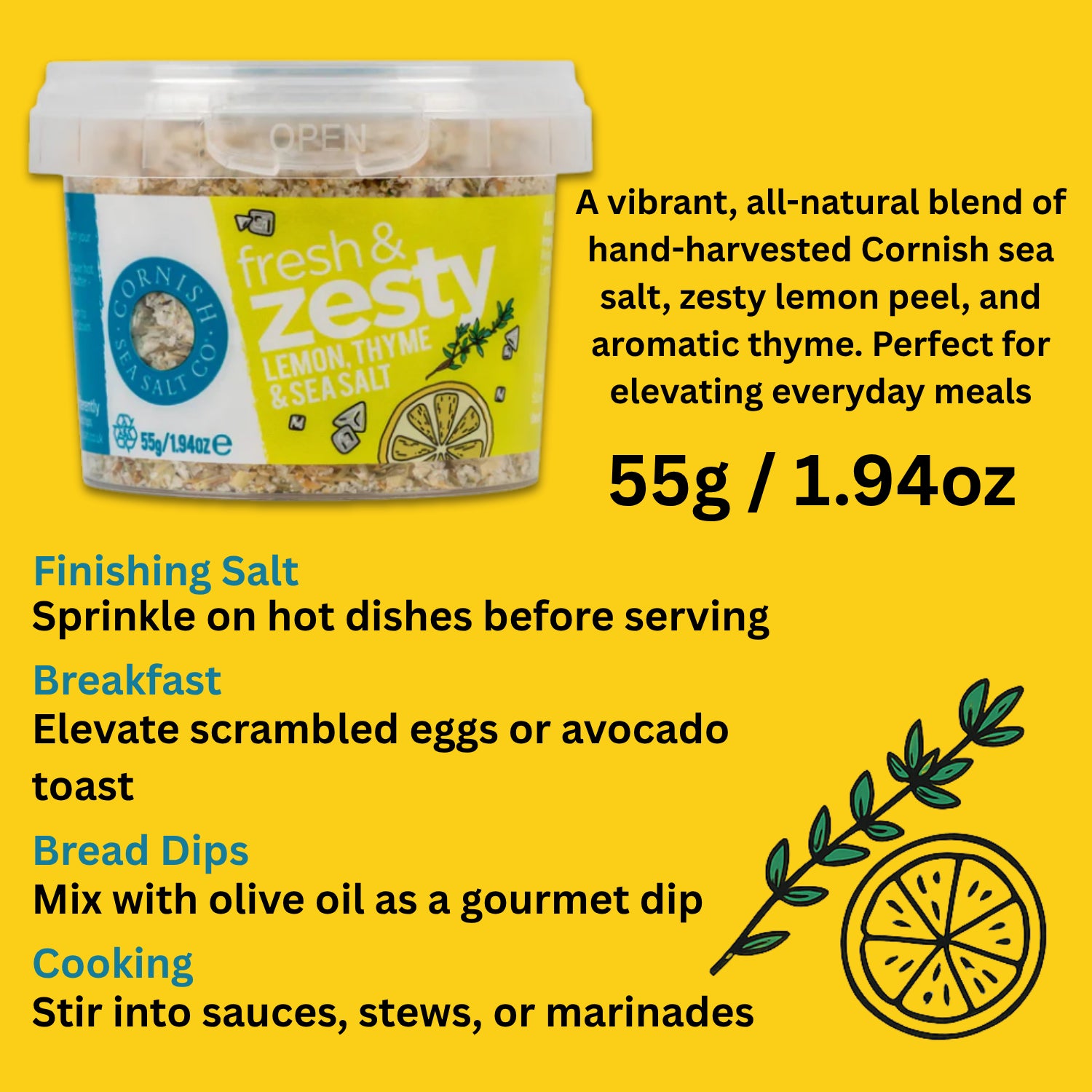 Cornish Fresh & Zesty Lemon Thyme Sea Salt Blend for Cooking & Grilling 55g