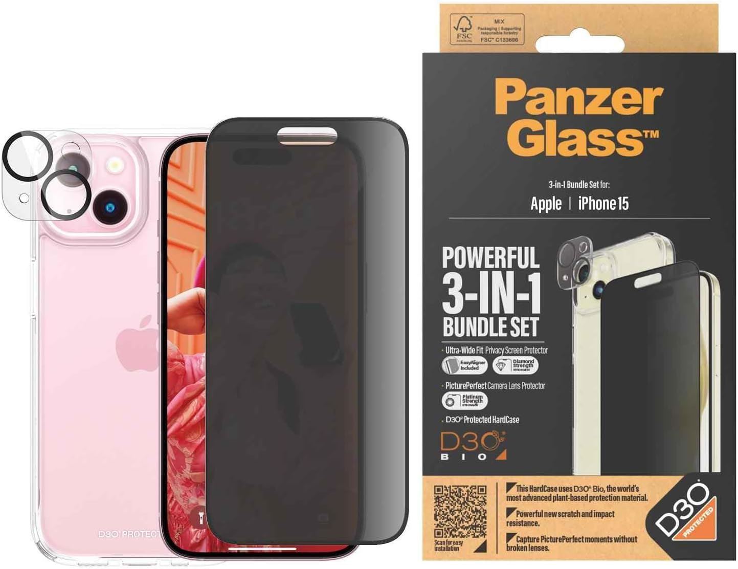 Panzer Glass Privacy Powerful 3 in 1 Bundle Pack for iPhone 15 6.1" - B1172㽯