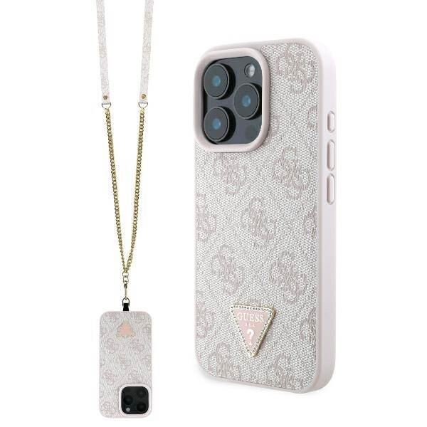 Guess Leather Metal Logo Strass Crossbody Case for iPhone 16 Pro 6.3" Pink