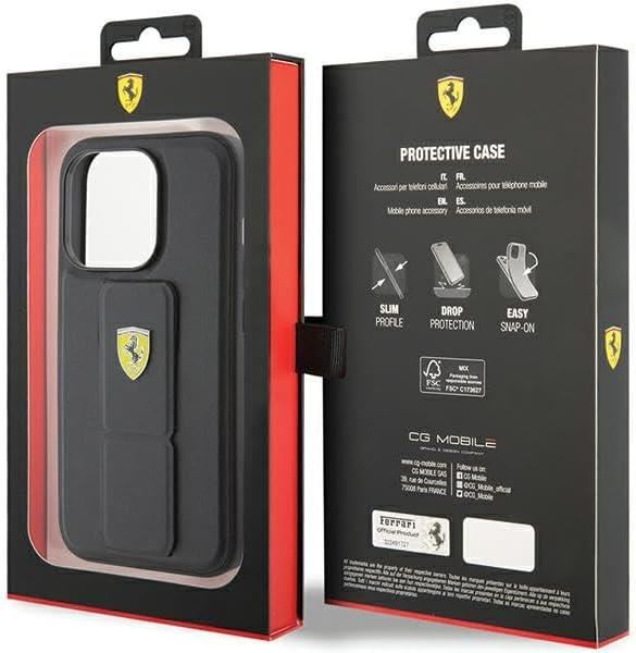 Ferrari Hard Case Grip Stand with Metal Logo for iphone 15 Pro 6.1" Black - FEHCP15XGSPSIK