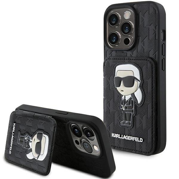 Karl Lagerfeld Saffiano Cardslots and Stand Monogram Ikonik Patch Case for iPhone 15 Pro Max 6.7" Black - KLHCP15XSAKKNSCK