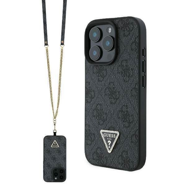 Guess Leather Metal Logo Strass Crossbody Case for iPhone 16 Pro 6.3" Black