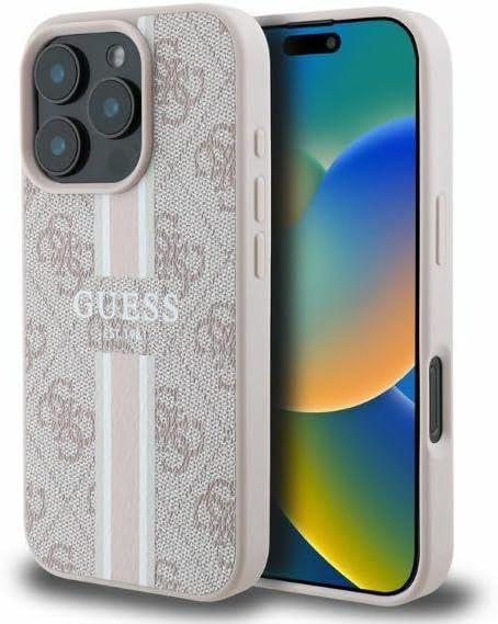 Guess Leather 4G Printed Stripes Hardcase with MagSafe for iphone 16 Pro Max 6.9 Pink - GUHMP16XP4RPSP"