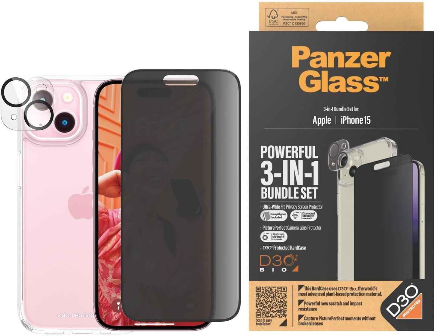 Panzer Glass Privacy Powerful 3 in 1 Bundle Pack for iPhone 15 6.1" - B1172㽯