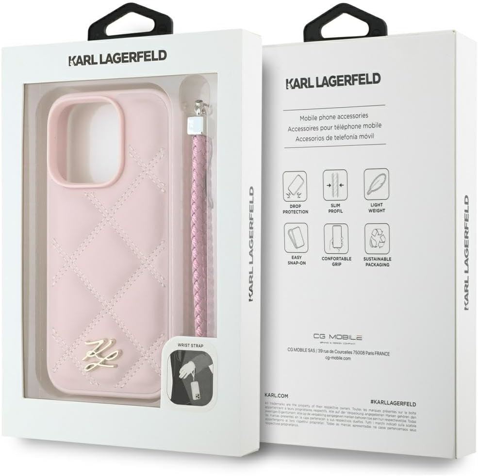 Karl Lagerfeld Quilted Initial Logo with Chain Strap Case for iPhone 16 Pro 6.3" Pink - KLHCP16LPSQSKLSMSP