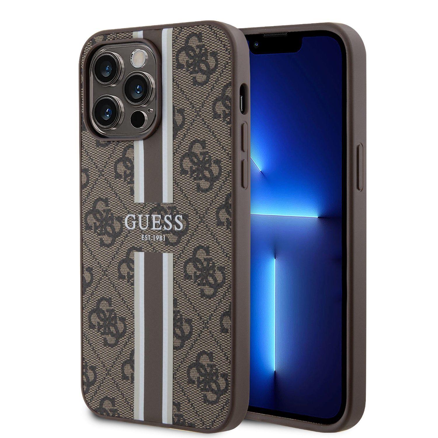 Guess Leather 4G Printed Stripes Hardcase with MagSafe for iphone 16 Pro Max 6.9 Brown - GUHMP16XP4RPSW"