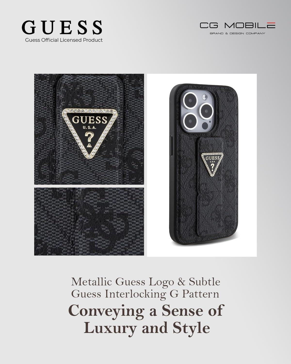Guess Grip Stand 4G Triangle Strass Case for iPhone 15 Pro 6.1" Black - GUHCP15LPGS4TDK