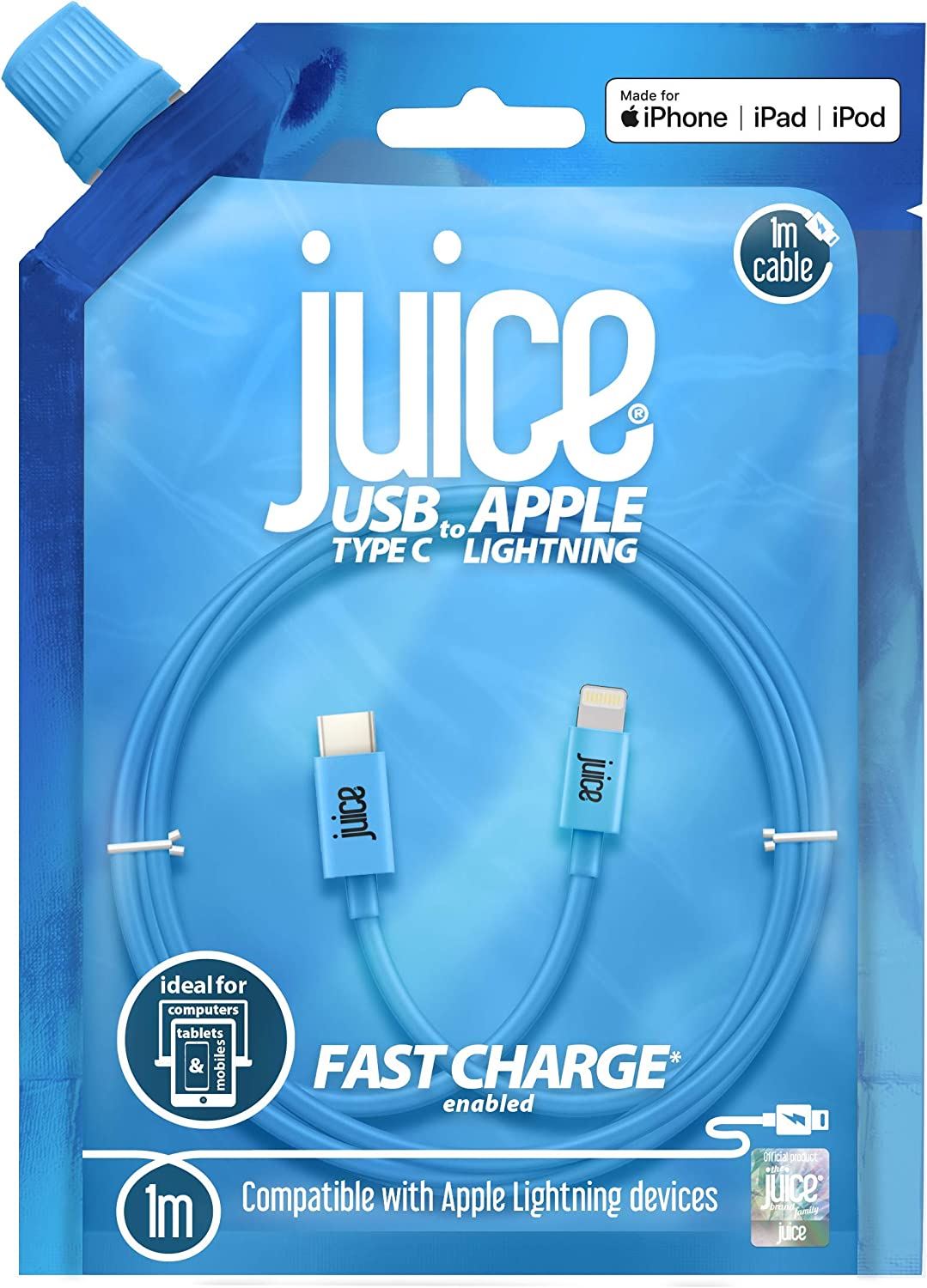 Official Juice 1M Blue USB C to Lightning Cable - JUSCABLE-LIGHT-TYPEC-1M-RND-XRBLU