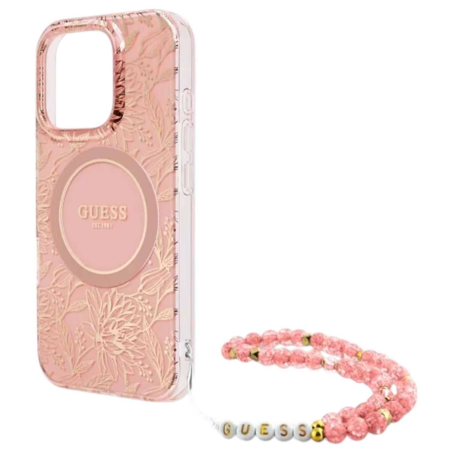 Guess IML Flowers Allover Electro and Pearl Strap Case with MagSafe for iPhone 16 Pro 6.3" Pink - GUHMP16LHCPOFPP