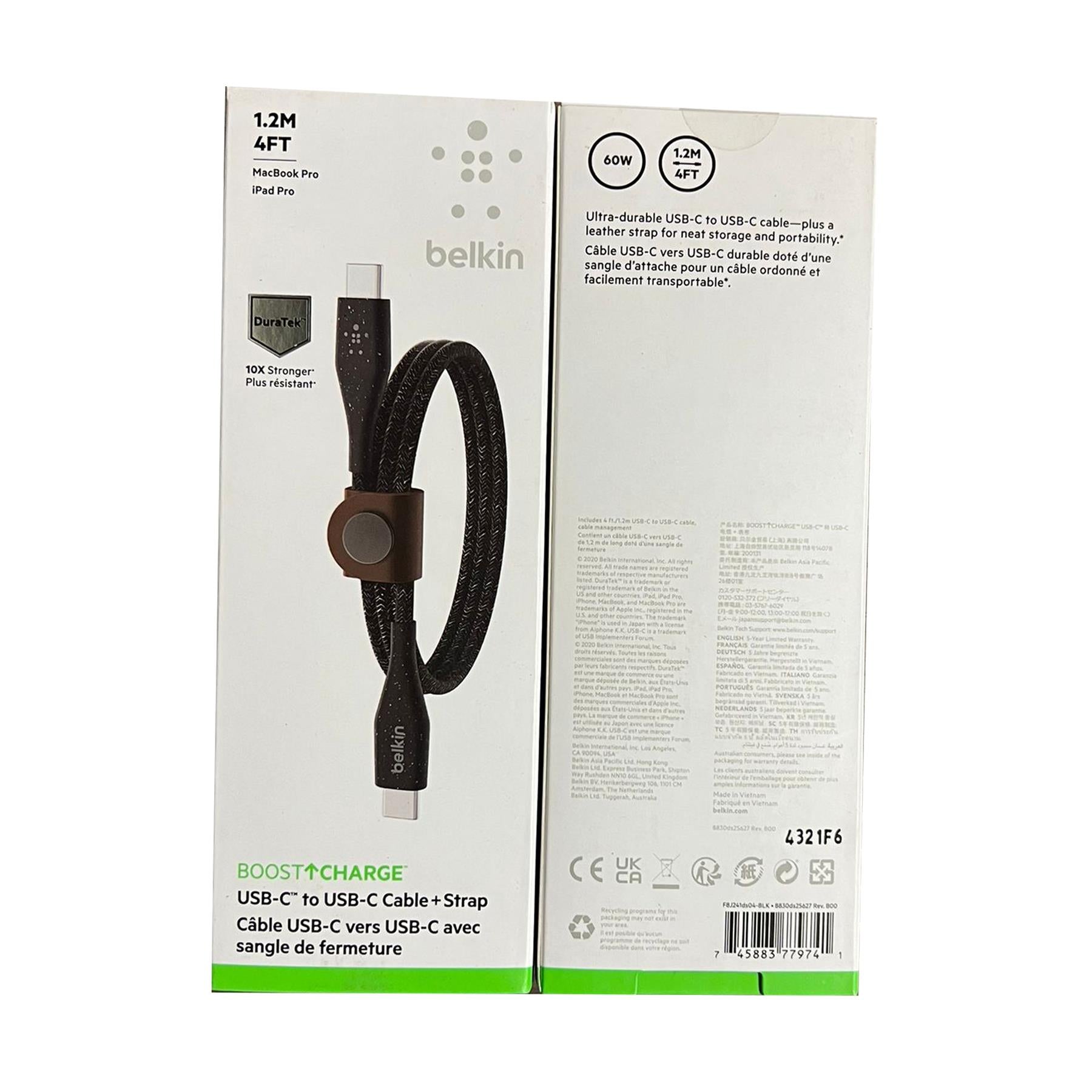 Official Belkin Boost Charge 1.2M 60W USB C to USB C Cable with Strap Black - F8J241ds04-BLK