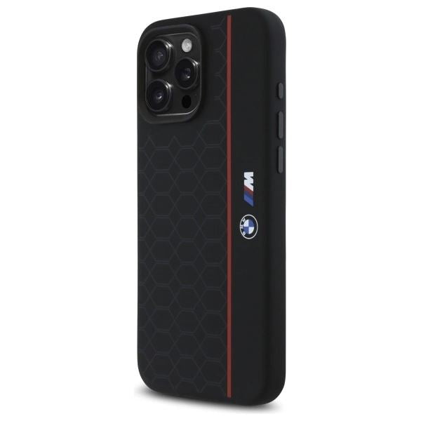 BMW M Series Silicone Hexagon Red Line Case with MagSafe for iPhone 16 Pro Max 6.9" Black - BMHMP16X23SHER