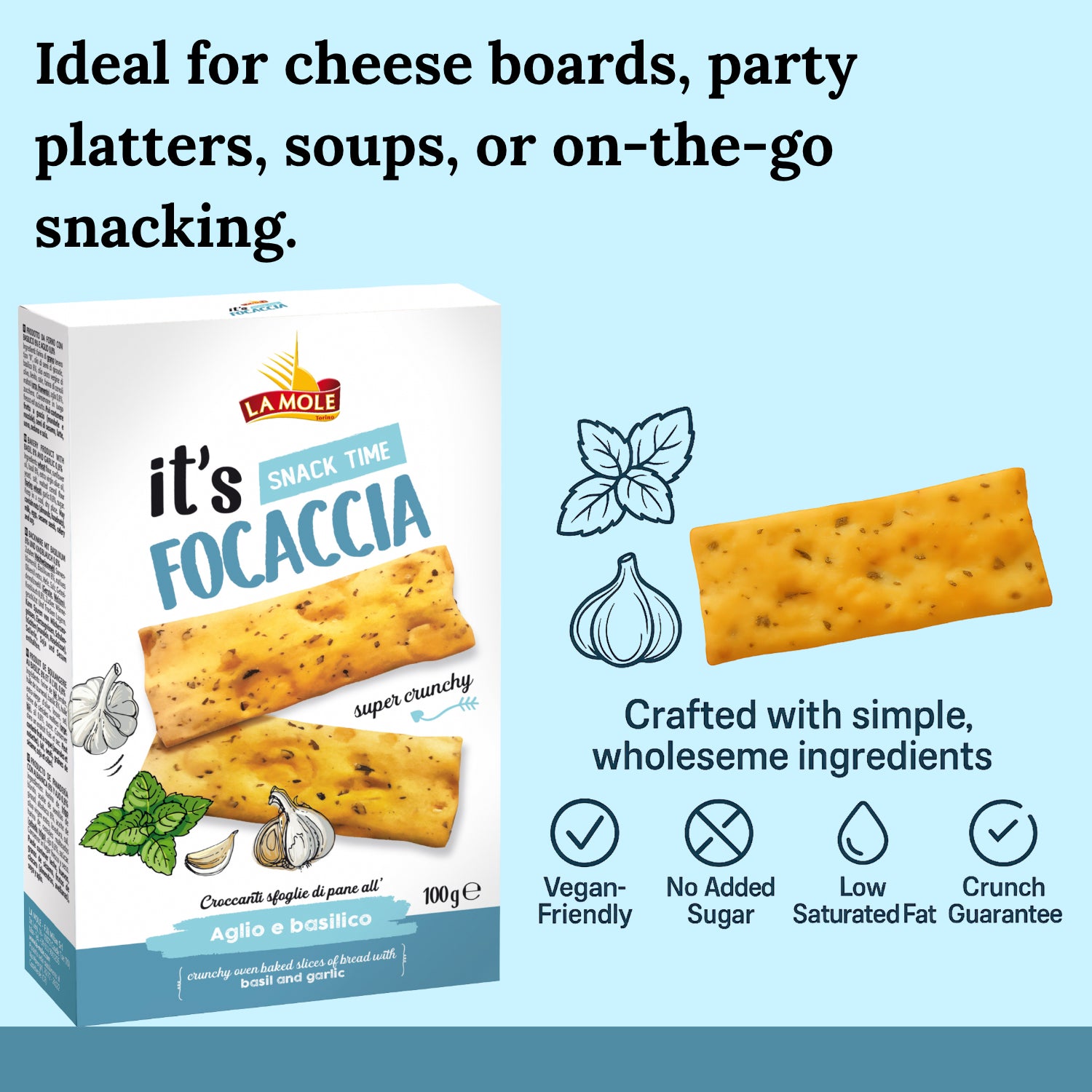 La Mole Focaccia Bread Crisps Basil & Garlic Crunchy Snack Oven Baked - 100g
