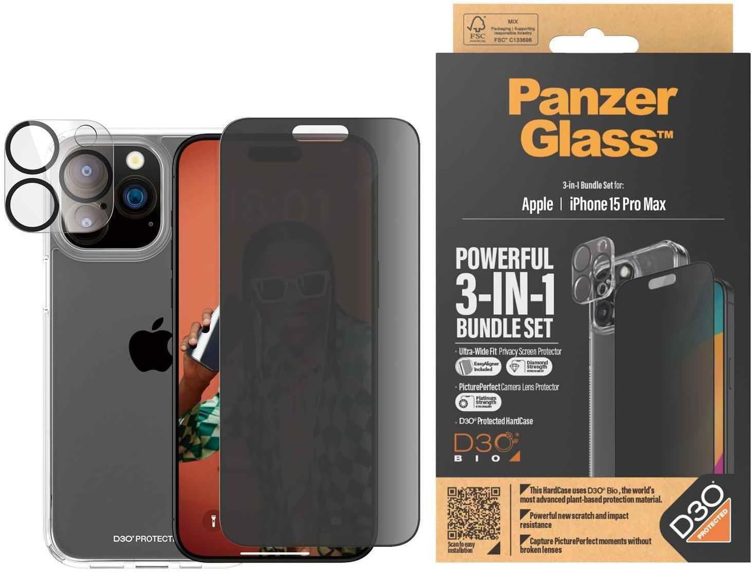 Panzer Glass Privacy Powerful 3 in 1 Bundle Pack for iPhone 15 Pro Max 6.7" - B1175㽯