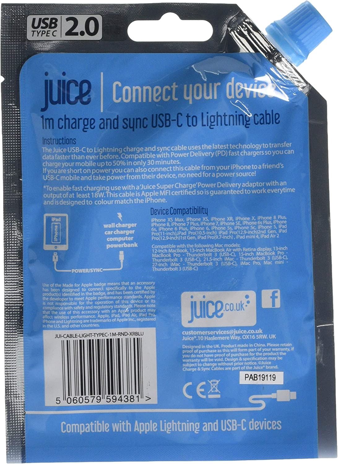 Official Juice 1M Blue USB C to Lightning Cable - JUSCABLE-LIGHT-TYPEC-1M-RND-XRBLU