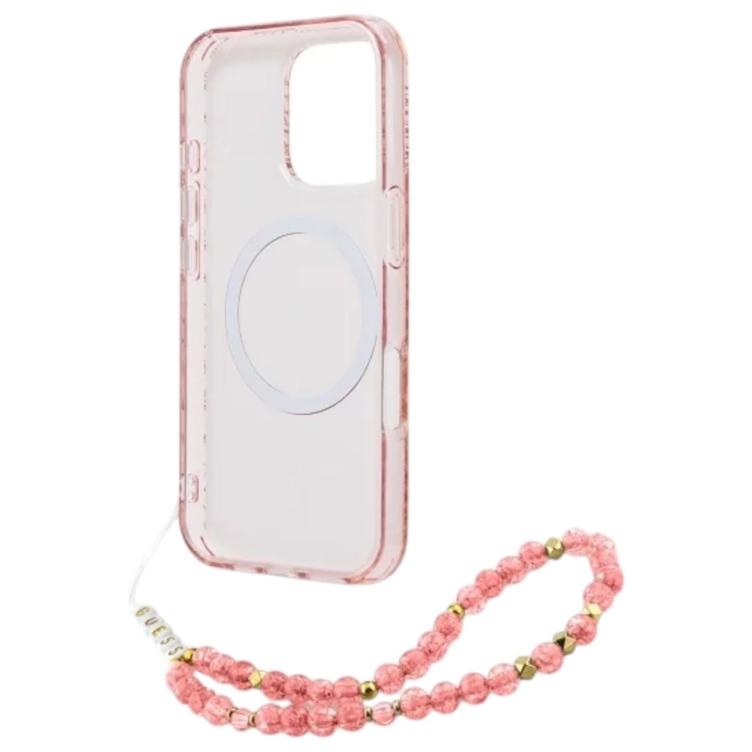 Guess IML Flowers Allover Electro and Pearl Strap Case with MagSafe for iPhone 16 Pro 6.3" Pink - GUHMP16LHCPOFPP