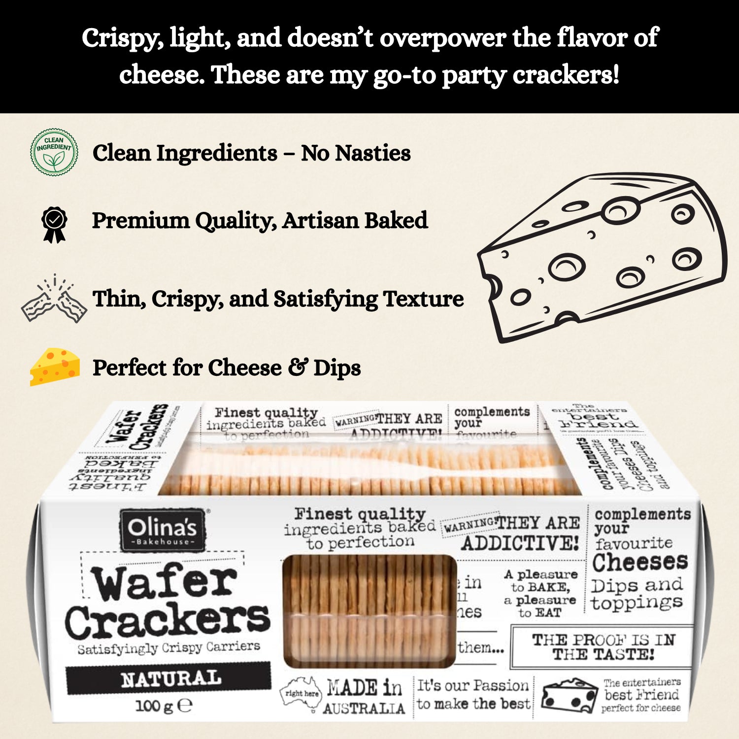 Olinas Bakehouse Natural Wafer Crackers Crispy Snack Ideal with Dips 100g