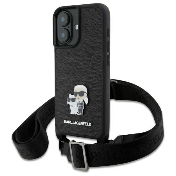 Karl Lagerfeld Saffiano Karl & Choupette Metal Pin Crossbody Strap Case for iPhone 16 6.1" Black - KLHCP16SSAKCPBK