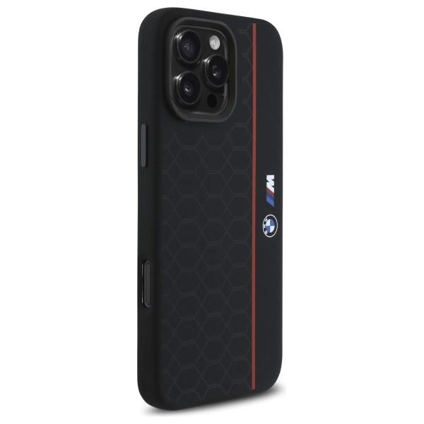 BMW M Series Silicone Hexagon Red Line Case with MagSafe for iPhone 16 Pro Max 6.9" Black - BMHMP16X23SHER