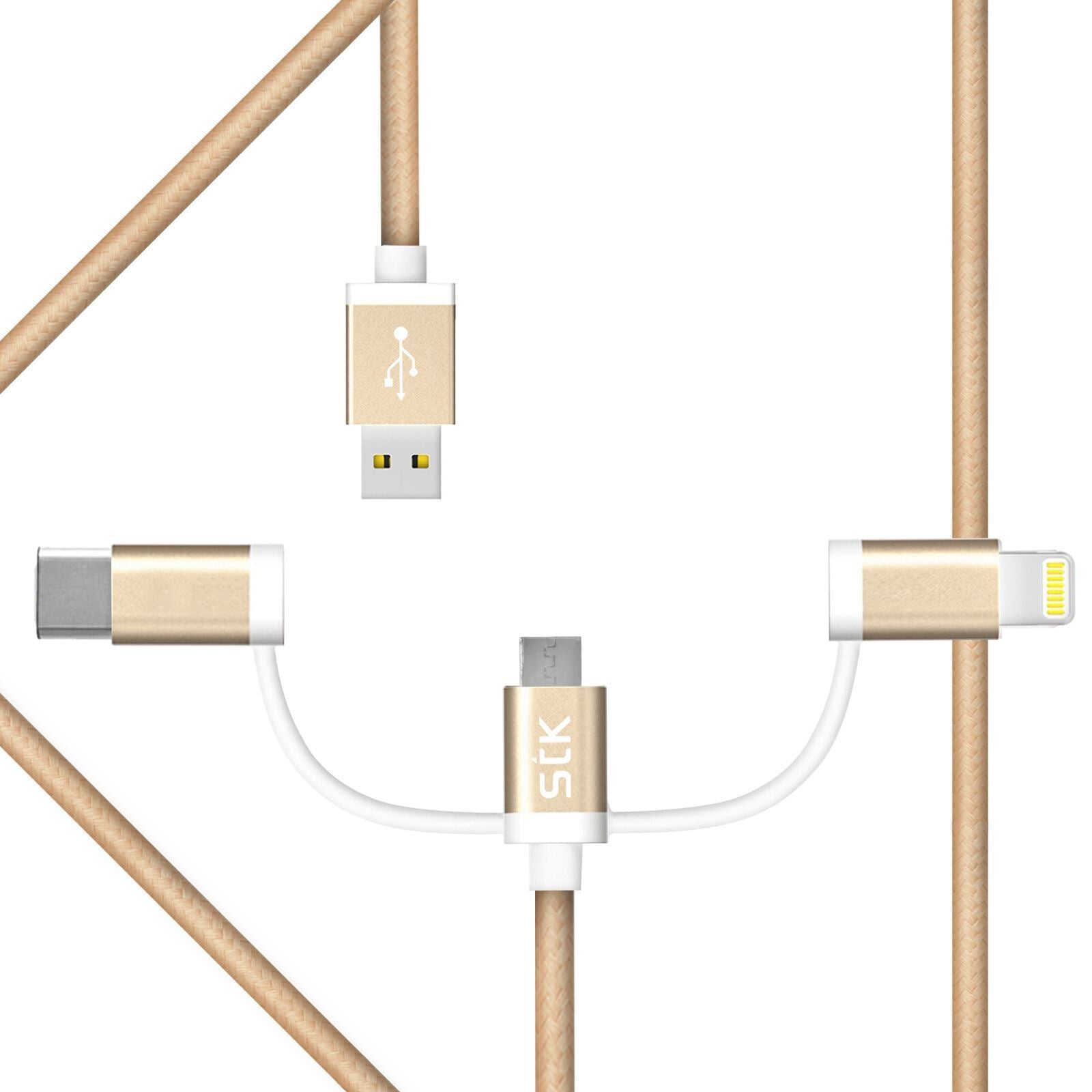 STK Binary 3 Charge & Sync Cable 1 Metre Micro USB Lightning Type C Gold