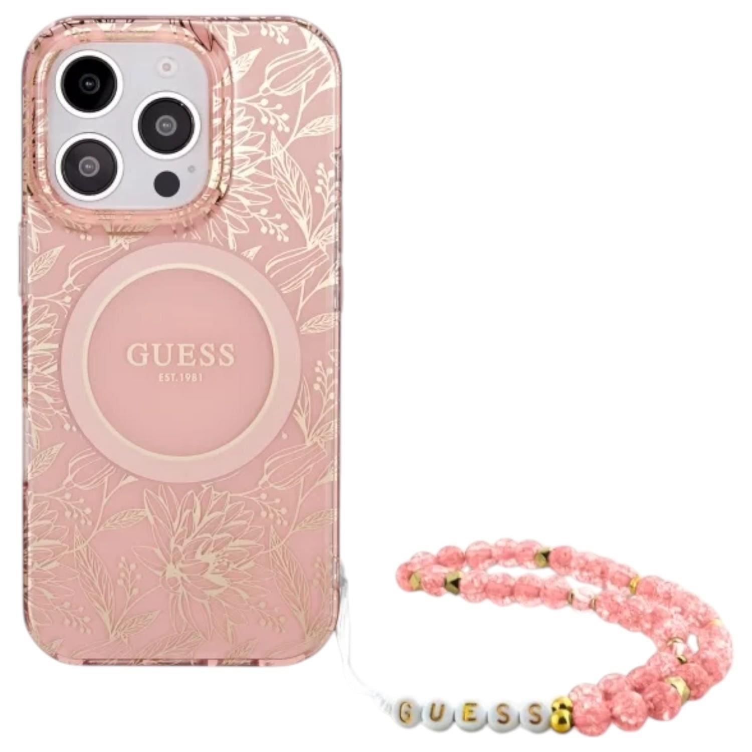 Guess IML Flowers Allover Electro and Pearl Strap Case with MagSafe for iPhone 16 Pro 6.3" Pink - GUHMP16LHCPOFPP