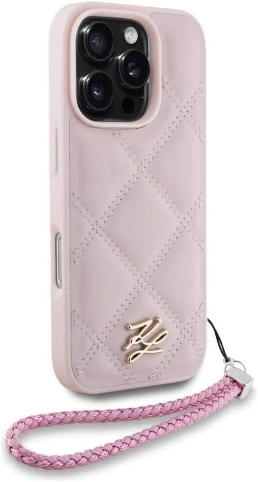 Karl Lagerfeld Quilted Initial Logo with Chain Strap Case for iPhone 16 Pro Max 6.9" Pink - KLHCP16XPSQSKLSMSP