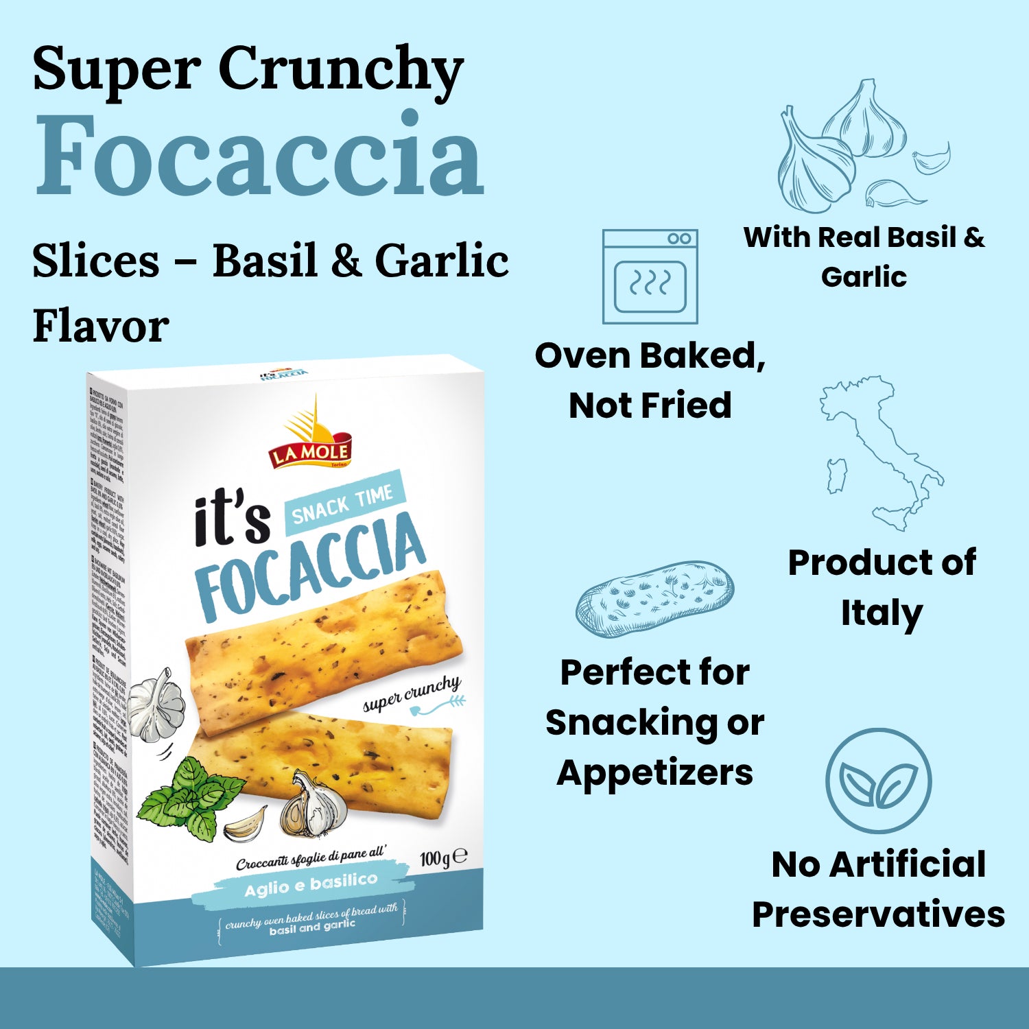 La Mole Focaccia Bread Crisps Basil & Garlic Crunchy Snack Oven Baked - 100g