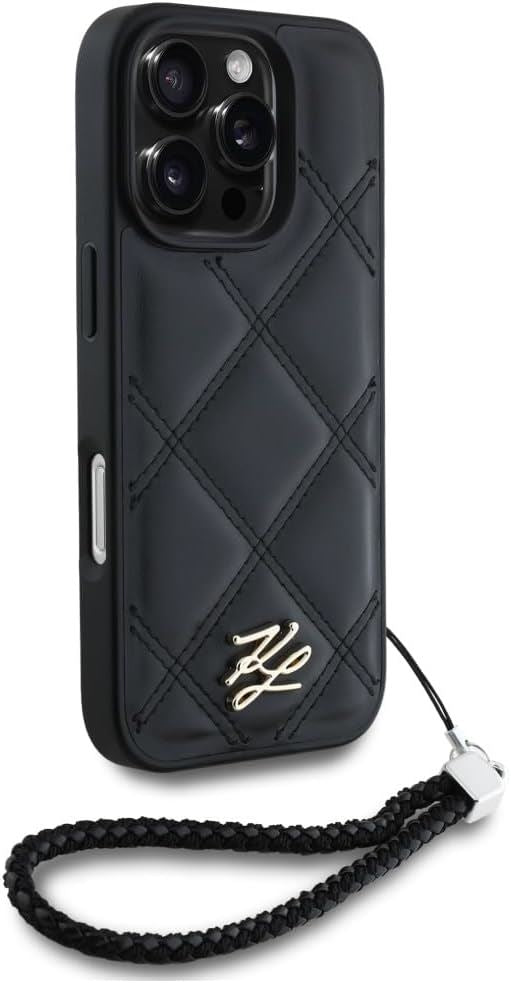 Karl Lagerfeld Quilted Initial Logo with Chain Strap Case for iPhone 16 Pro Max 6.9" Black - KLHCP16XPSQSKLSMSK