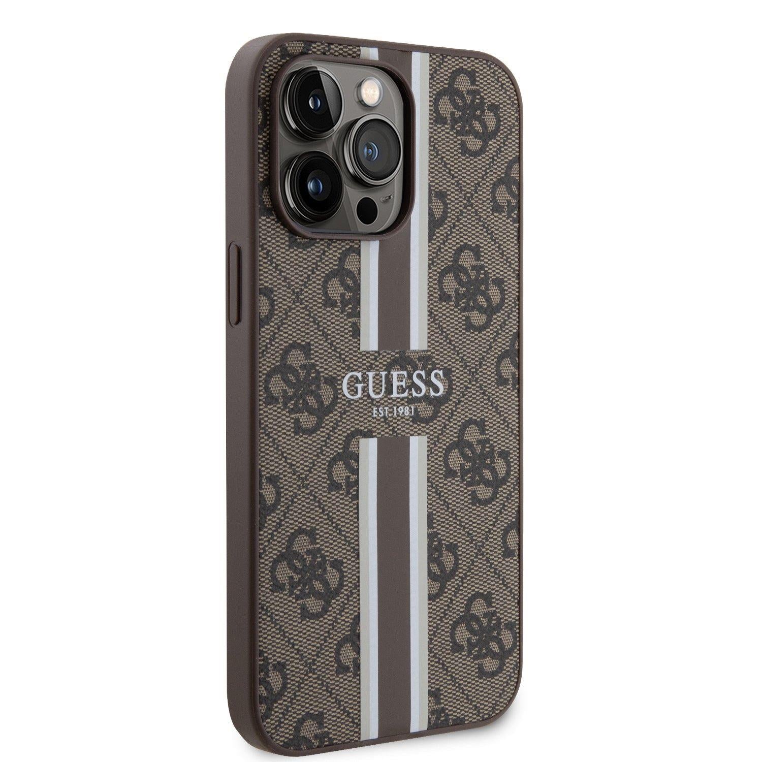 Guess Leather 4G Printed Stripes Hardcase with MagSafe for iphone 16 Pro Max 6.9 Brown - GUHMP16XP4RPSW"