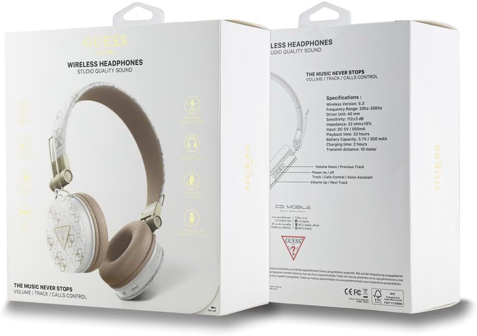 Guess 4G Triangle Round Shape ENC Bluetooth On Ear Headphones White - GUBH70E4PTMH