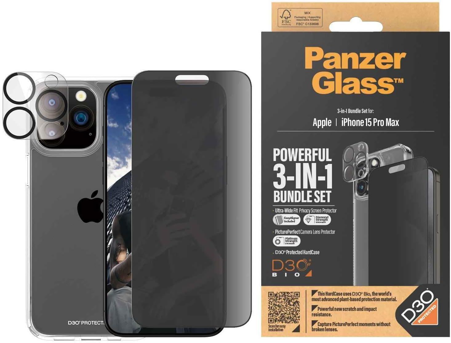 Panzer Glass Privacy Powerful 3 in 1 Bundle Pack for iPhone 15 Pro Max 6.7" - B1175㽯
