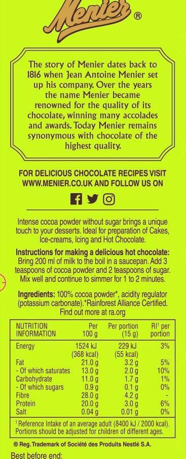 Menier Cocoa Powder 100% Pure Cocoa Baking, Desserts Hot Chocolate Drink 200g