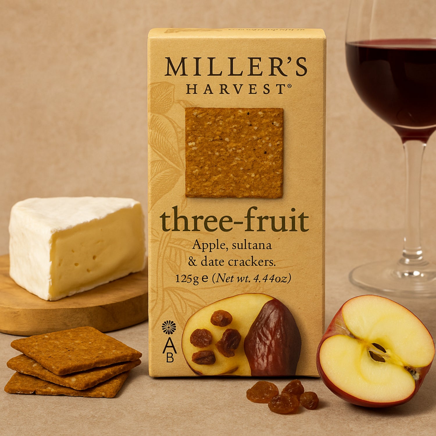 Millers Harvest Three-Fruit Crackers - Apple, Sultana and Date - 125g