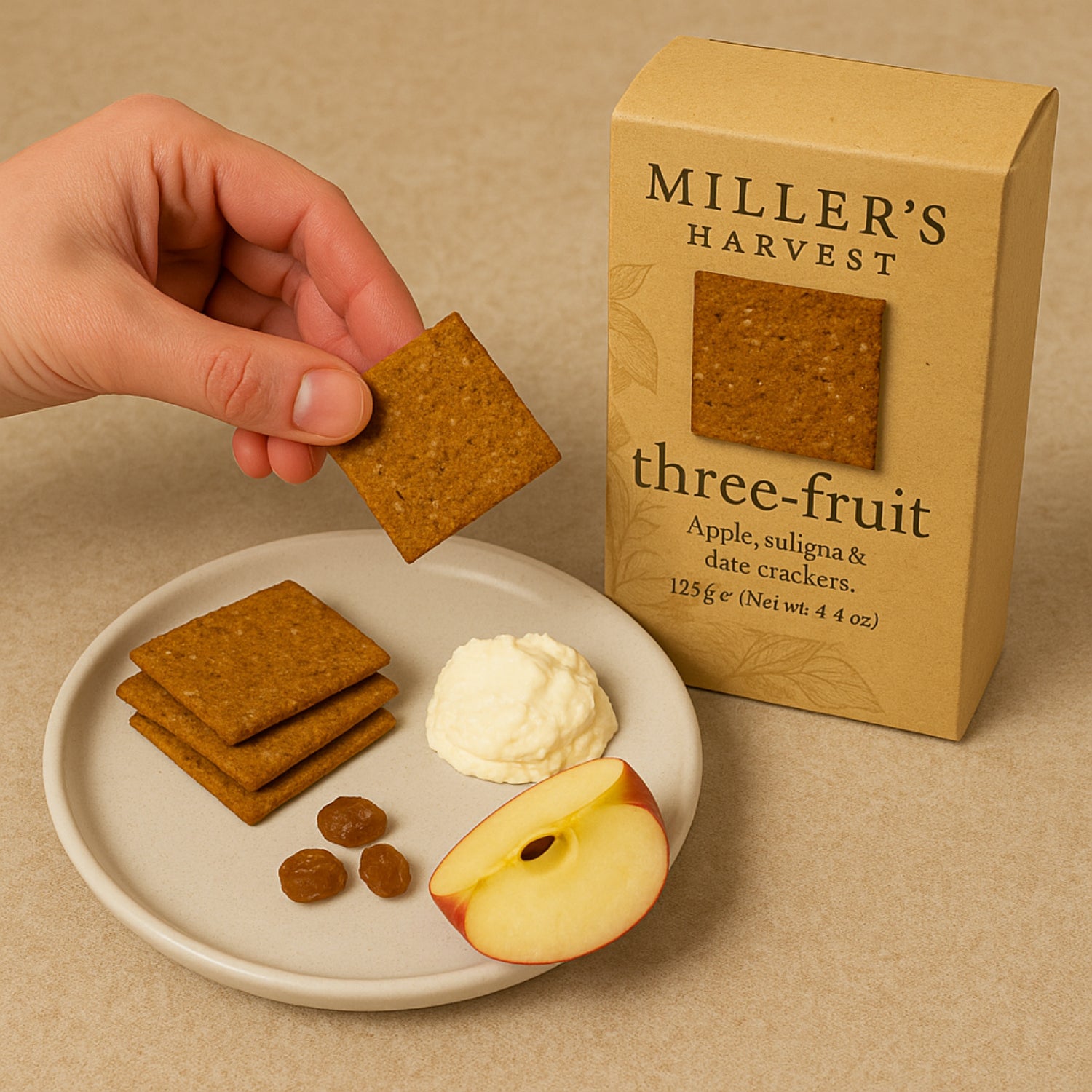 Millers Harvest Three-Fruit Crackers - Apple, Sultana and Date - 125g