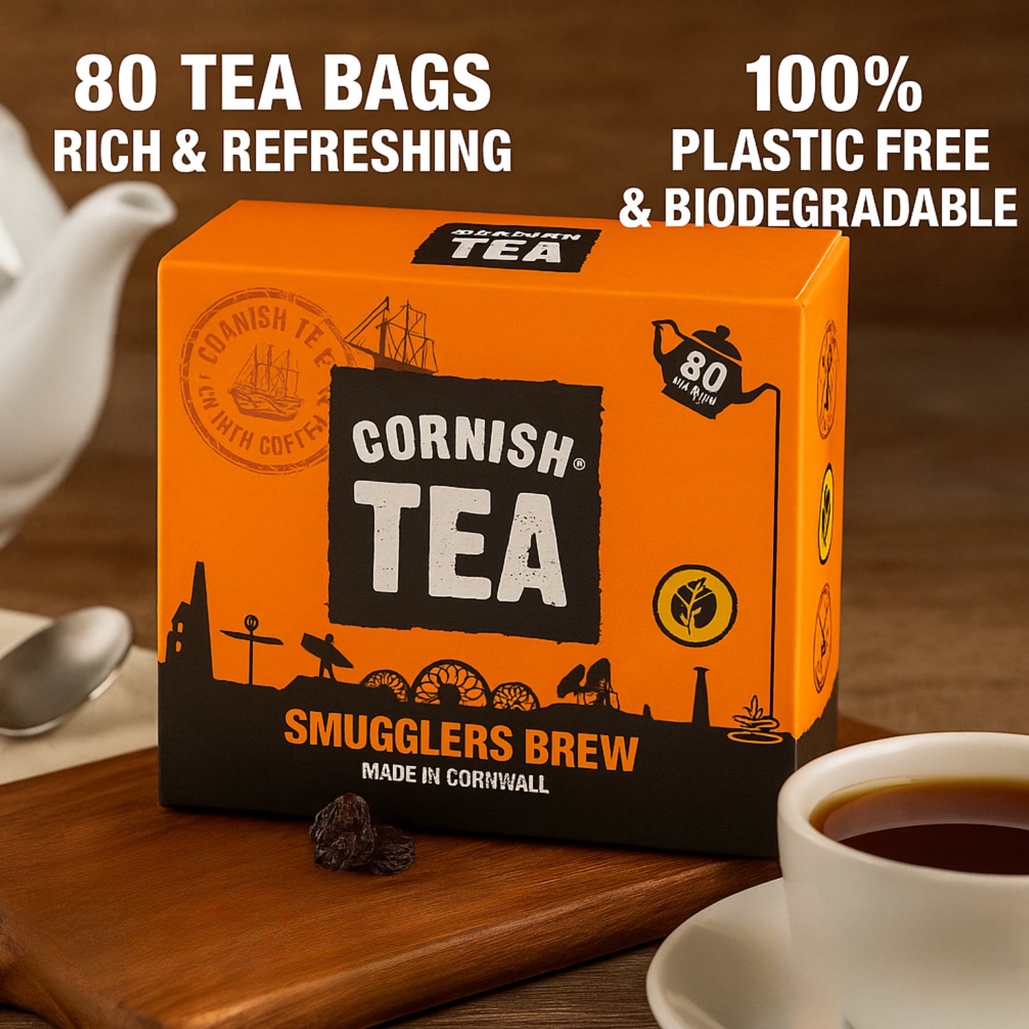 Cornish Tea Smugglers Brew 80 Tea Bags 100% Plastic Free & Biodegradable 250g