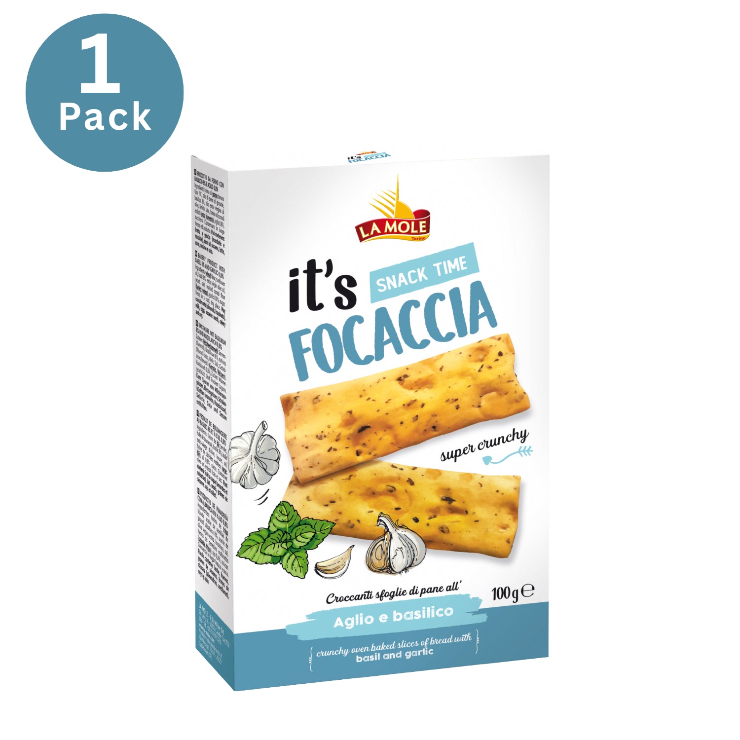 La Mole Focaccia Bread Crisps Basil & Garlic Crunchy Snack Oven Baked - 100g
