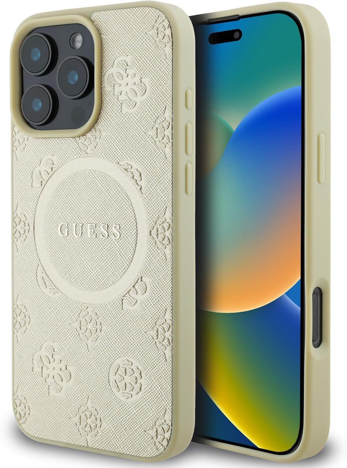 Guess Leather Saffiano Peony Classic Logo Hardcase with MagSafe for iphone 16 Pro Max 6.9 Gold - GUHMP16XPSAPSMED"