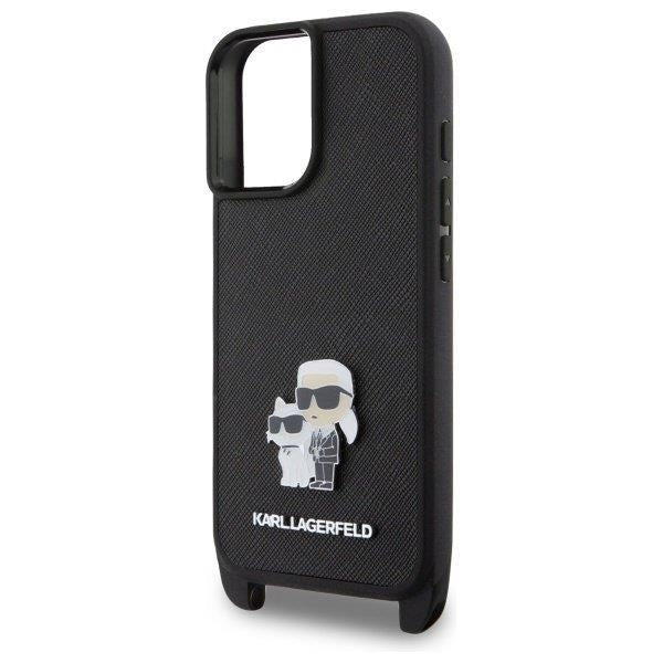 Karl Lagerfeld Saffiano Karl & Choupette Metal Pin Crossbody Strap Case for iPhone 16 6.1" Black - KLHCP16SSAKCPBK