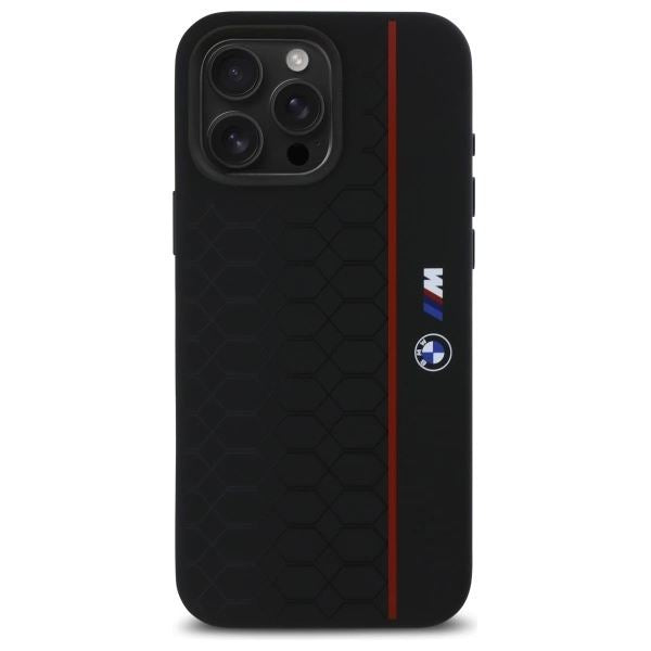 BMW M Series Silicone Hexagon Red Line Case with MagSafe for iPhone 16 Pro Max 6.9" Black - BMHMP16X23SHER