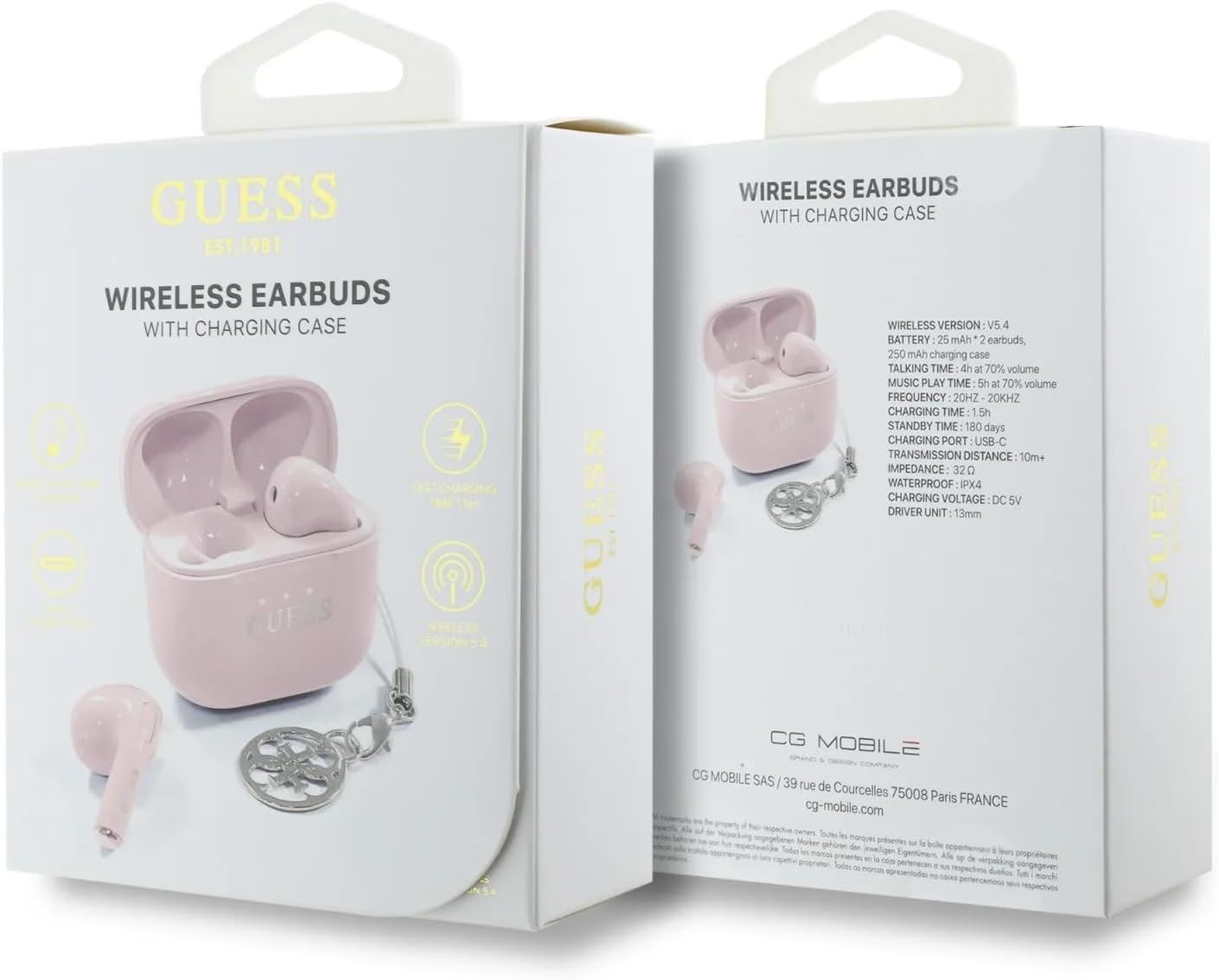 Guess Glossy Effect Printed Classic Logo & Charm TWS Earphones Pink - GUTWSXMCCLP