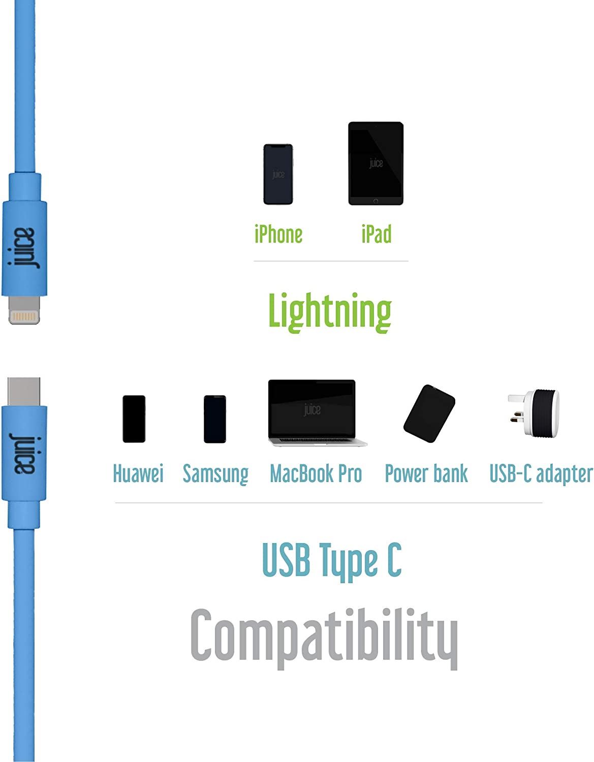 Official Juice 1M Blue USB C to Lightning Cable - JUSCABLE-LIGHT-TYPEC-1M-RND-XRBLU
