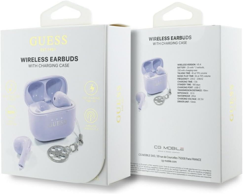 Guess Glossy Effect Printed Classic Logo & Charm TWS Earphones Purple - GUTWSXMCCLU